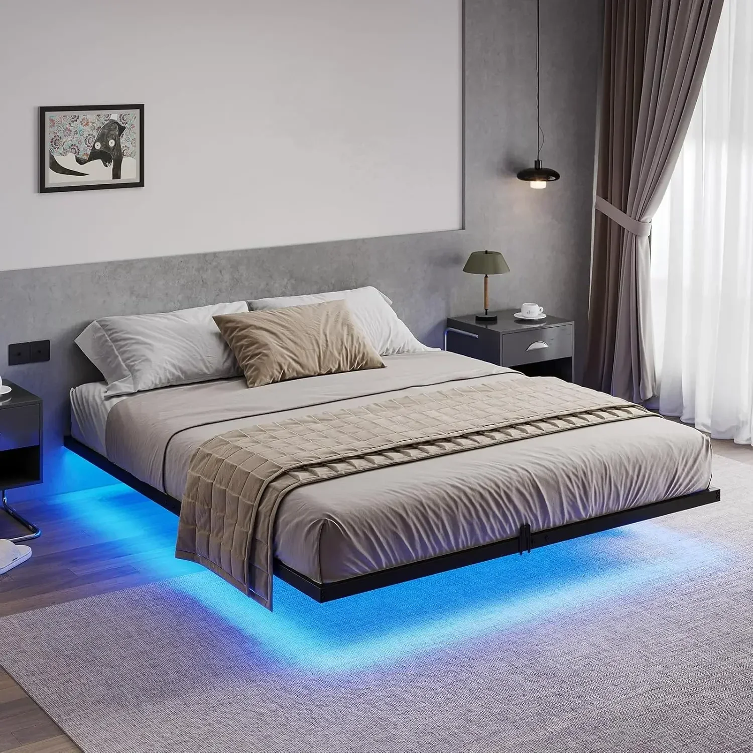Marco de cama flotante de tamaño completo con luces LED, cama completa con  plataforma de metal, no necesita somier, fácil de montar - AliExpress, image size:1500x1500