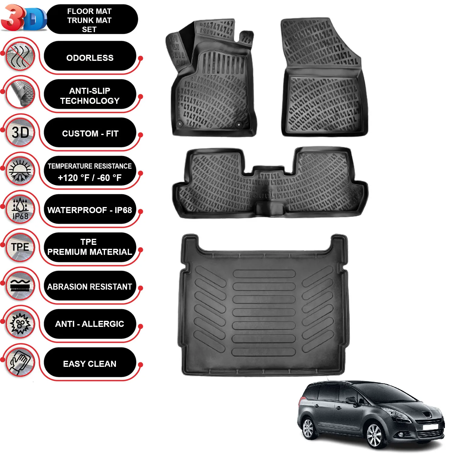 

Peugeot 5008 - (2010-2016) - Floor Mats + Cargo Trunk Liner - SET - (Black)