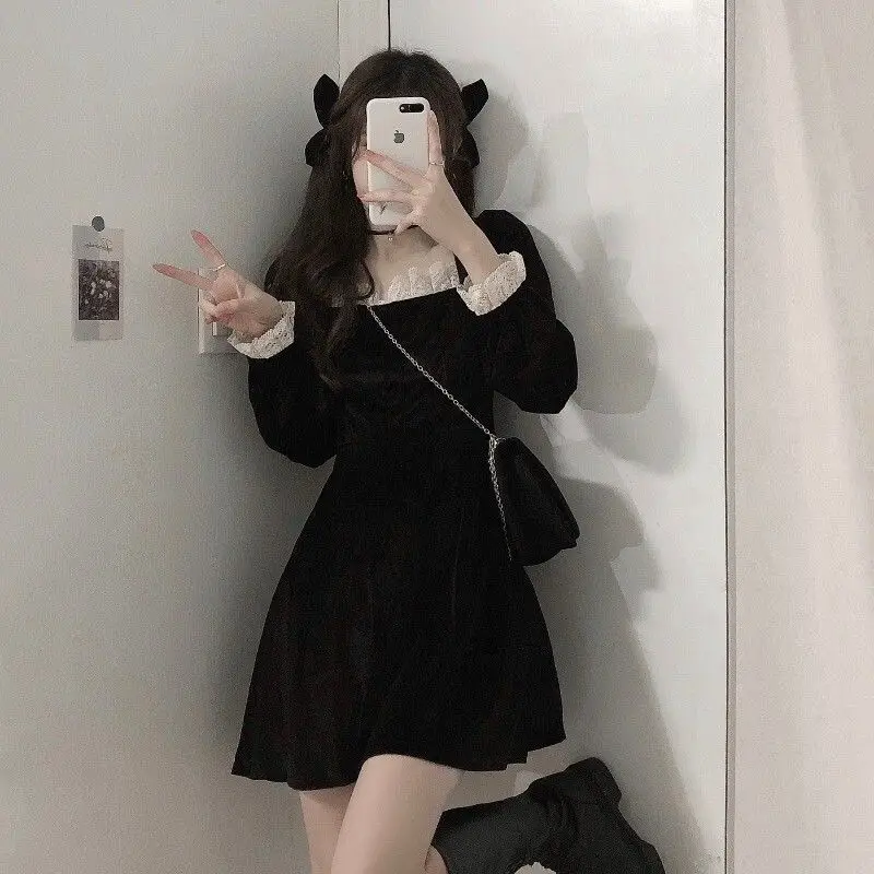 

Black Dress Women Patchwork Gothic Dark Long Sleeve Mini Square Collar Preppy Style Temperament Spring Fall Vintage Slim Vestido