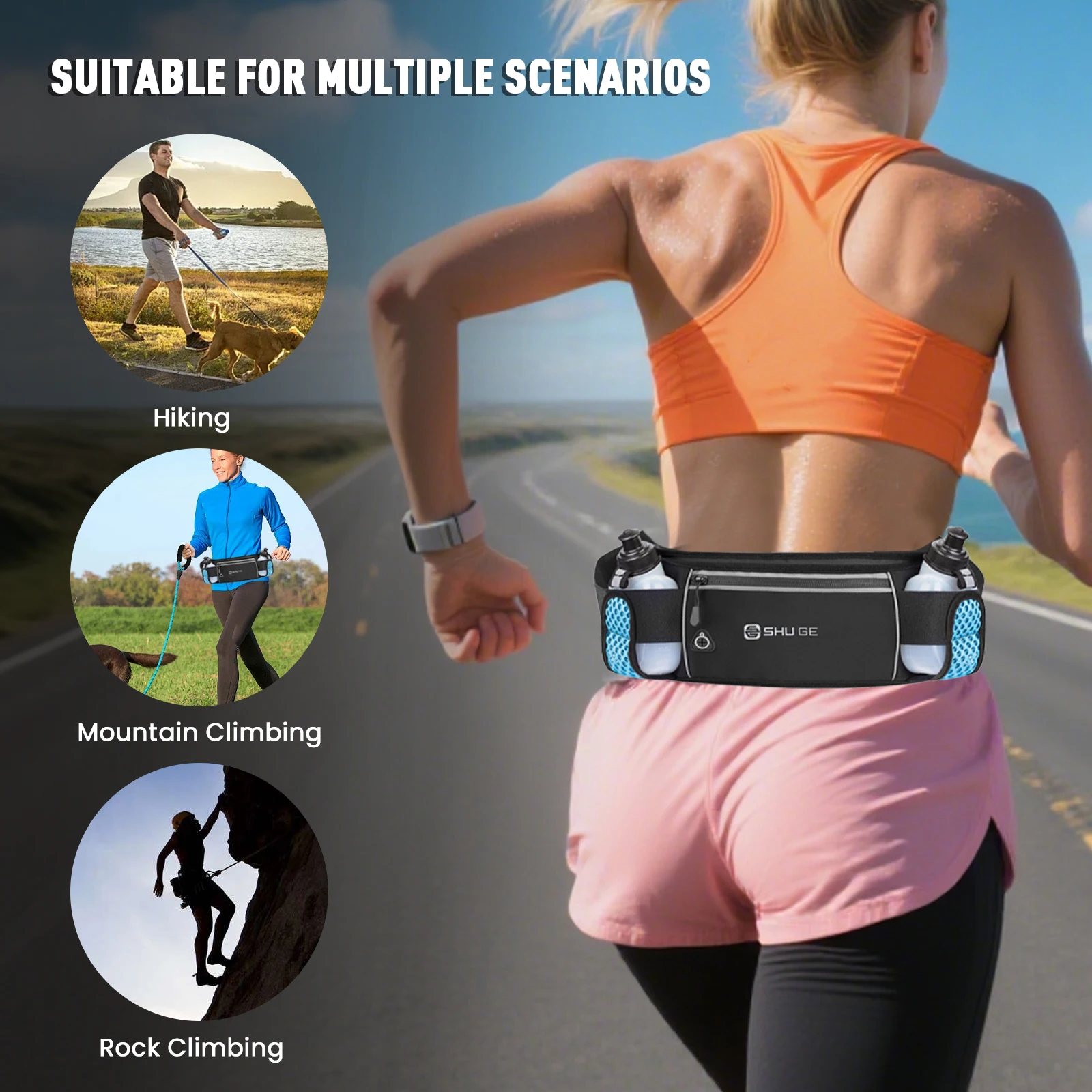 Running Belt with Bottles Fanny Pack with Adjustable Strap Waist Pack for Running Hiking Climbing