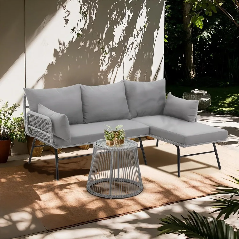 3-Piece Outdoor Patio Furniture Set, L-Shaped Rattan Sectional Sofa with Thick Cushions, Glass Coffee Table
