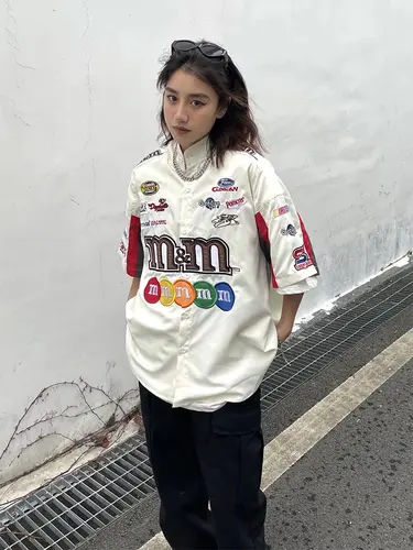 아메리칸 레트로 자수 야구 셔츠, 하라주쿠 힙합 반팔 셔츠, 캐주얼 패션 유니폼 셔츠, 빈티지 스트리트웨어 3