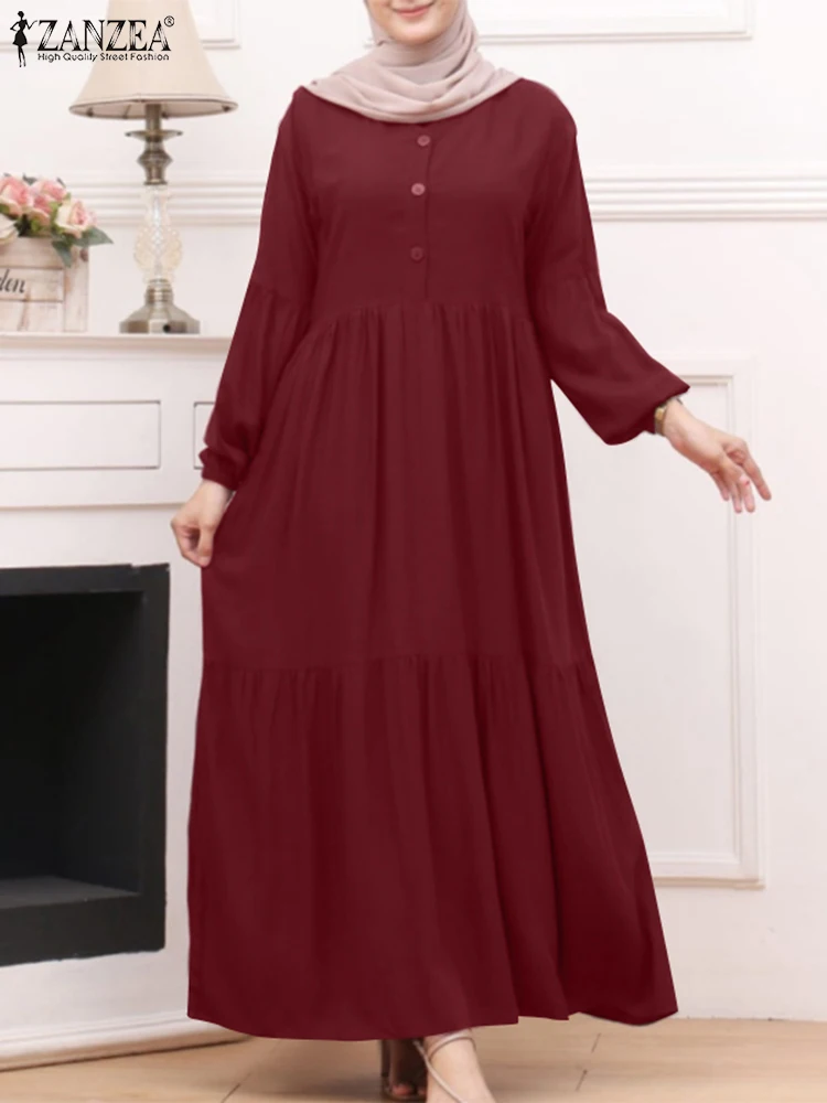 

Women Elegant Long Sleeve Muslim Dress Abaya Vintage Robe Islamic Clothing ZANZEA Ramadan Maxi Long Sundress Turkey Vestidos