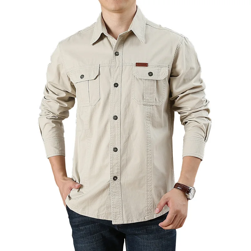 Men's Cargo Shirt Spring Autumn Tactical Work Long Sleeve Shirt Tops Outdoor Casual Multi-pocket Outwear Camp Hiking Coats