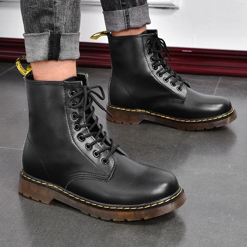 

Men Boots Winter Warm Martin boots 8 Holes High Quality Motorcycle Shoes Round Toe Snow Boots Fashion women's Boots Size 35-47