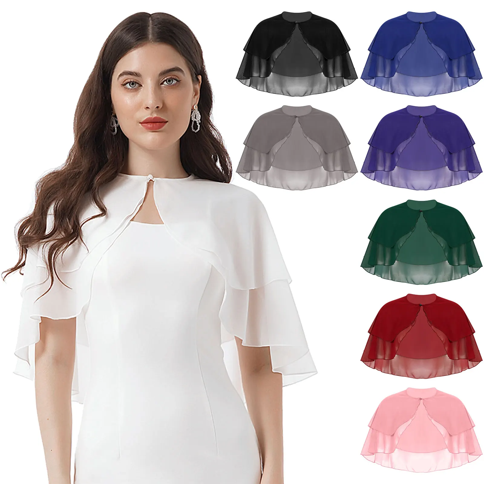 Women Elegant Chiffon Shawl Pure Color Cape Ruffle 2-Layer Chiffon Wraps Bolero Dress Accessory for Party Wedding Daily Holiday