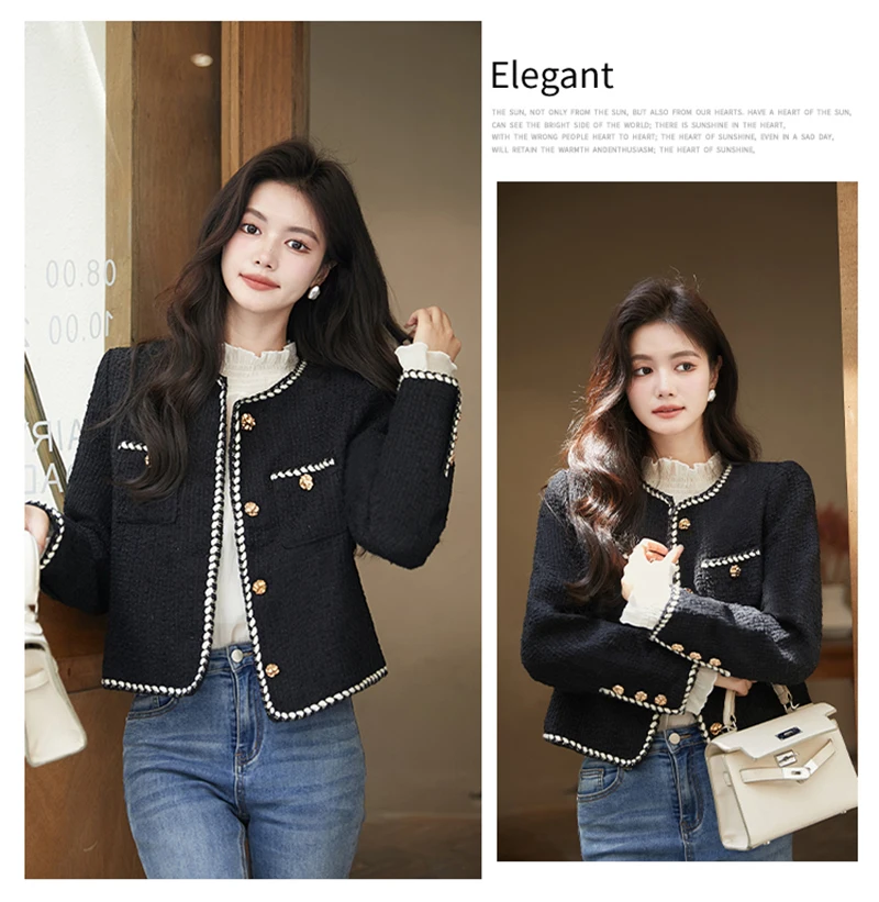 Vintage Cropped Tweed Jacket Women Black Quilted Coat Elegant Blazer Winter Ladies Single Breasted Thicken Outerwear Tops