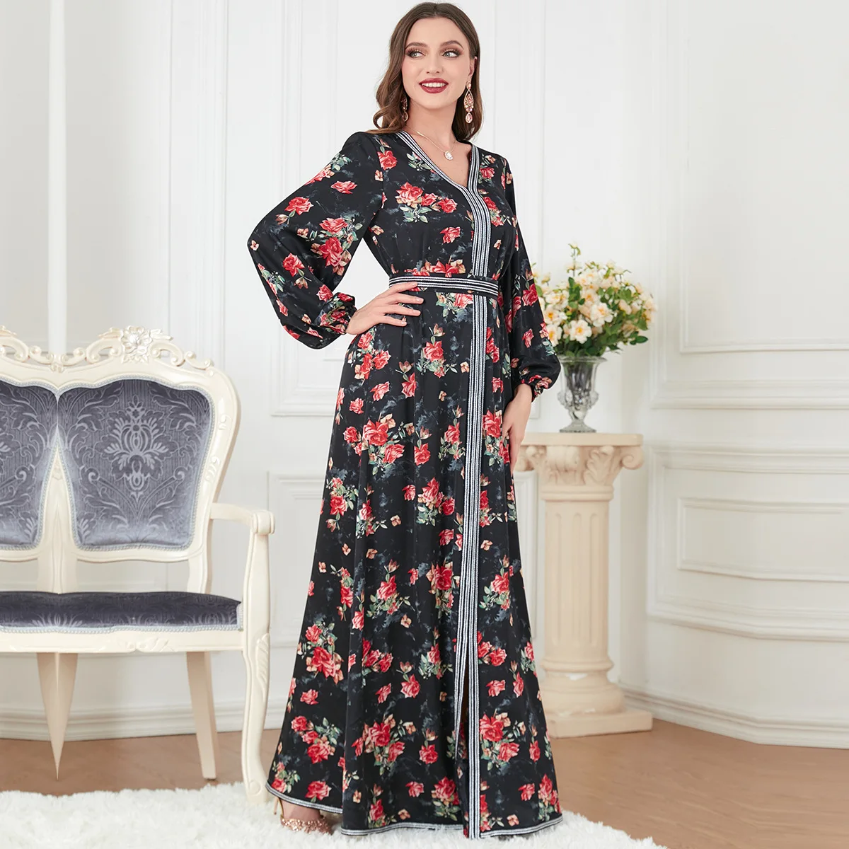 Elegant V Neck Floral Print Dress Ladies 2023 Spring Long Sleeve High Waist Casual Dresses for Women with Belt Muslim Ramadan