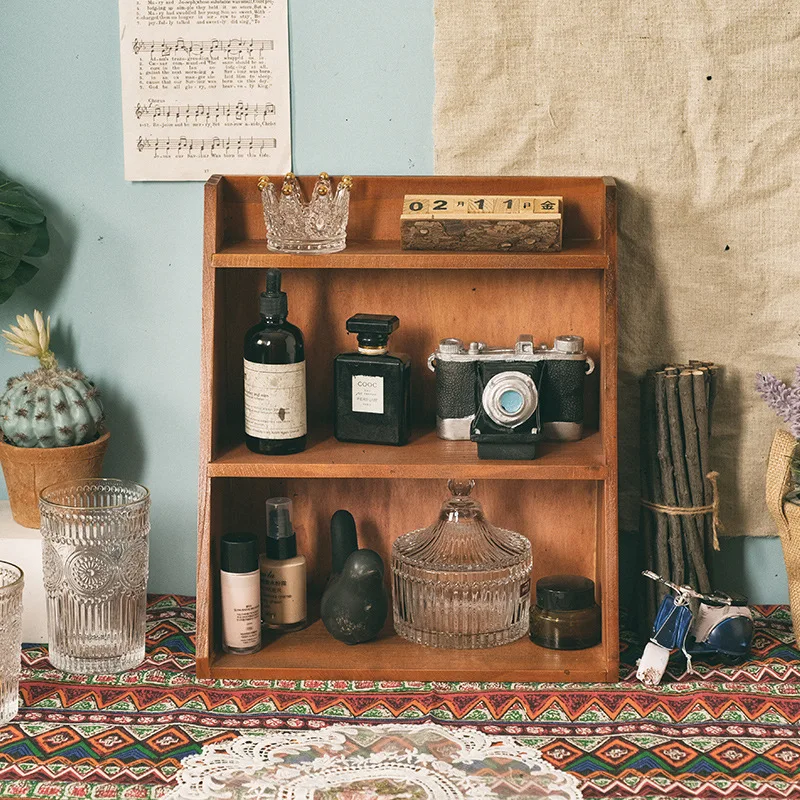 Retro Wood Storage Rack Desktop Three-Layer Shelving Magazine Books Storage Cabinet Metal Hooks Can Be Hung Rack