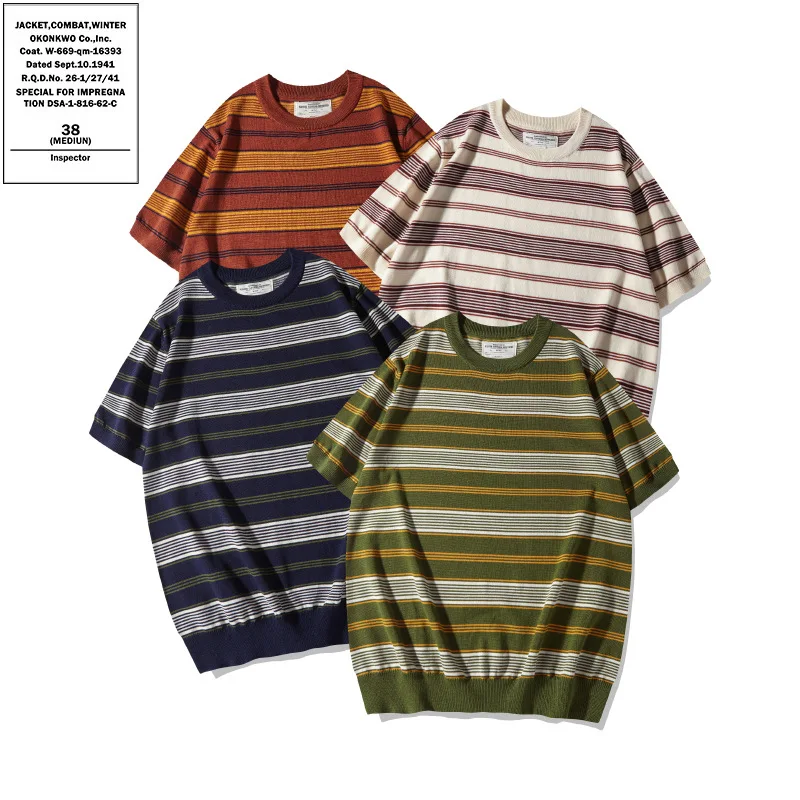 OKONKWO New Thick Heavy Knitted Stripe T-shirt with Round Neck and Inter Strip Knitted Tee Outdoor Travel Trekking Golf Clothes