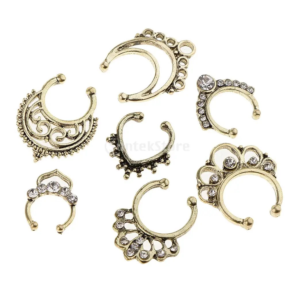 21pcs Nose Fake Septum Ring Clip On Body Jewelry Faux Hoop Ring Rhinestone