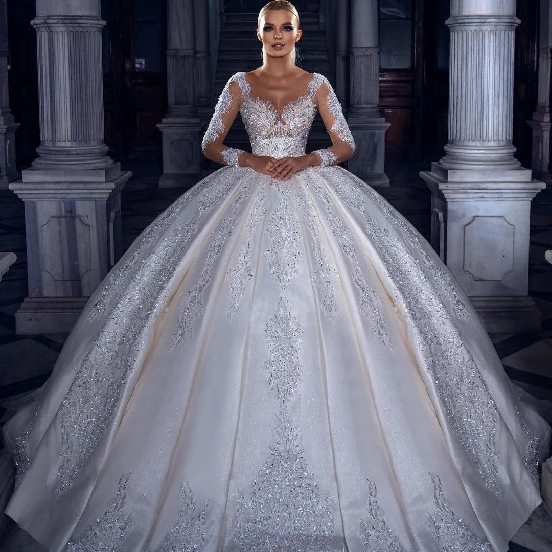 

Luxurious Crystals Sheer Neck Ball Gowns Long Sleeves Wedding Dress Custom Made Lace Appliques Beaded Vestido de novia