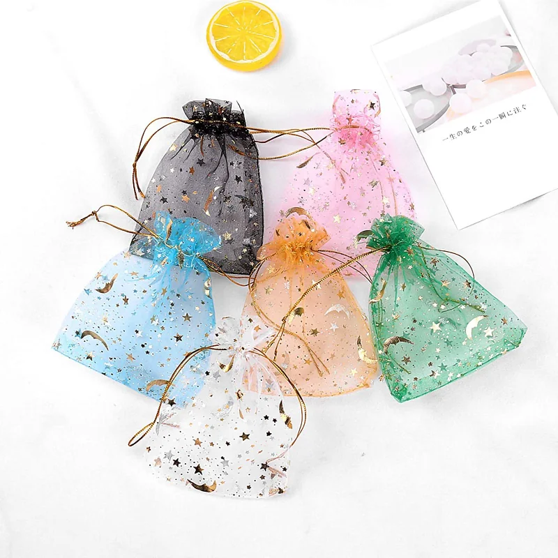 20pcs/Lot Printing Star Moon Christmas Organza Sack Drawstring Charm Packaging Bags for Christmas Wedding 3 sizes