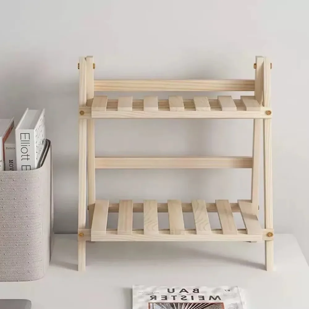 Wooden Storage Shelf 2-Tiers Foldable Organizer Shelves Bedroom Cosmetics Decoration Rack Solid Wood Trapezoidal Display Racks