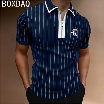 Polo da uomo stampata a righe classiche alla moda Polo estiva oversize 6XL da uomo estiva a maniche corte con cerniera risvolto