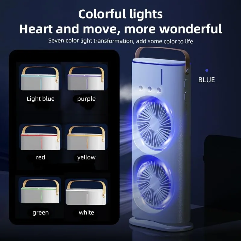Portable Desk Fan Dual Head Spray Tower Air Cooler 3 Speeds 7 Colors Light Rotatable Air Conditioner Strong Wind High Efficiency 3