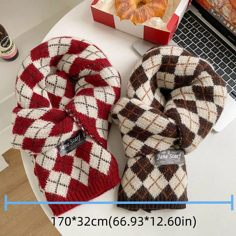Elegant Korean Style Diamond Check Scarf Thickened Plaid Y2K Checkered Scarf Warm Long Winter Cashmere Shawl Unisex