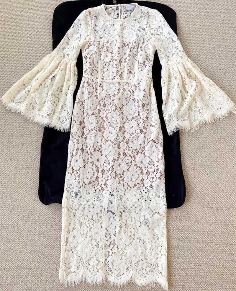 2022-New-Arrive-Beige-Color-Women-Lace-Midi-Dress-Flare-Sleeve-Round ...