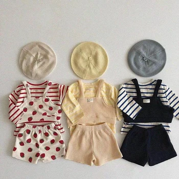 2025 Autumn New Baby Girl Cute Strawberry Print Clothes Set Infant Striped T Shirts + Vest + Shorts 3pcs Suit Toddler Outfits