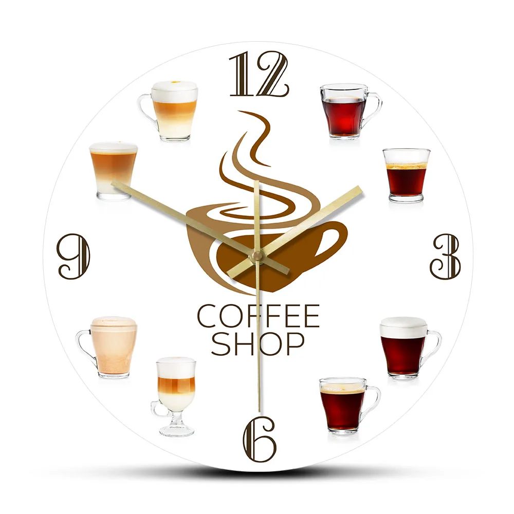 

Different Types Of Coffee Quiet Sweep Quartz Wall Clock Coffee Shop Decor Timepieces Cafe Relax Time Printing Artwork Wall Watch