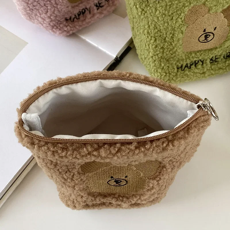 Cartoon Plush Bear Mini Cosmetic Bag Cute Girls Solid Color Portable Storage Bags Key Coin Pursse Small Wallets