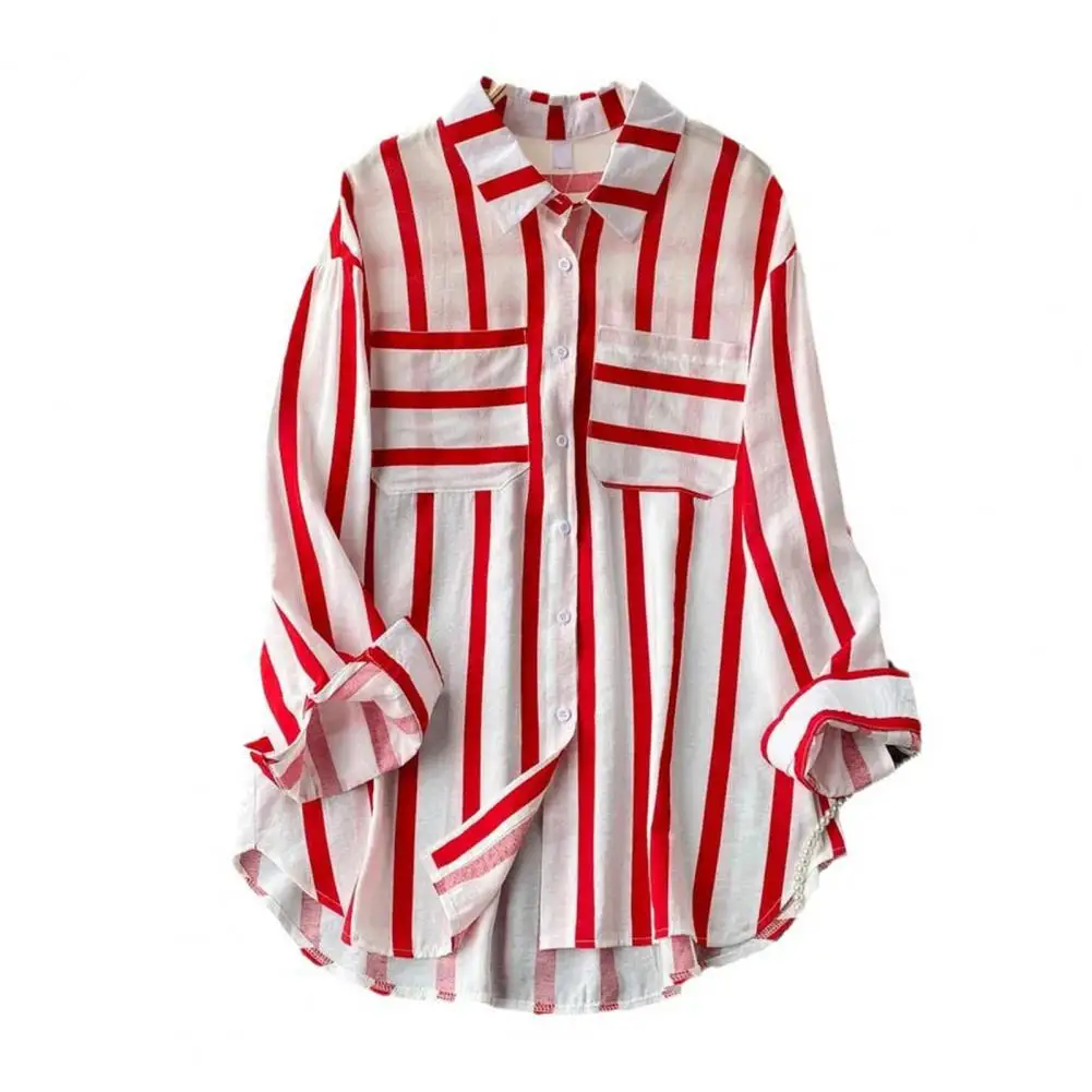 

Breathable Blouse Casual Loose Fit Blouse Stylish Women's Vertical Striped Shirt with Lapel Collar Long Sleeves for Streetwear