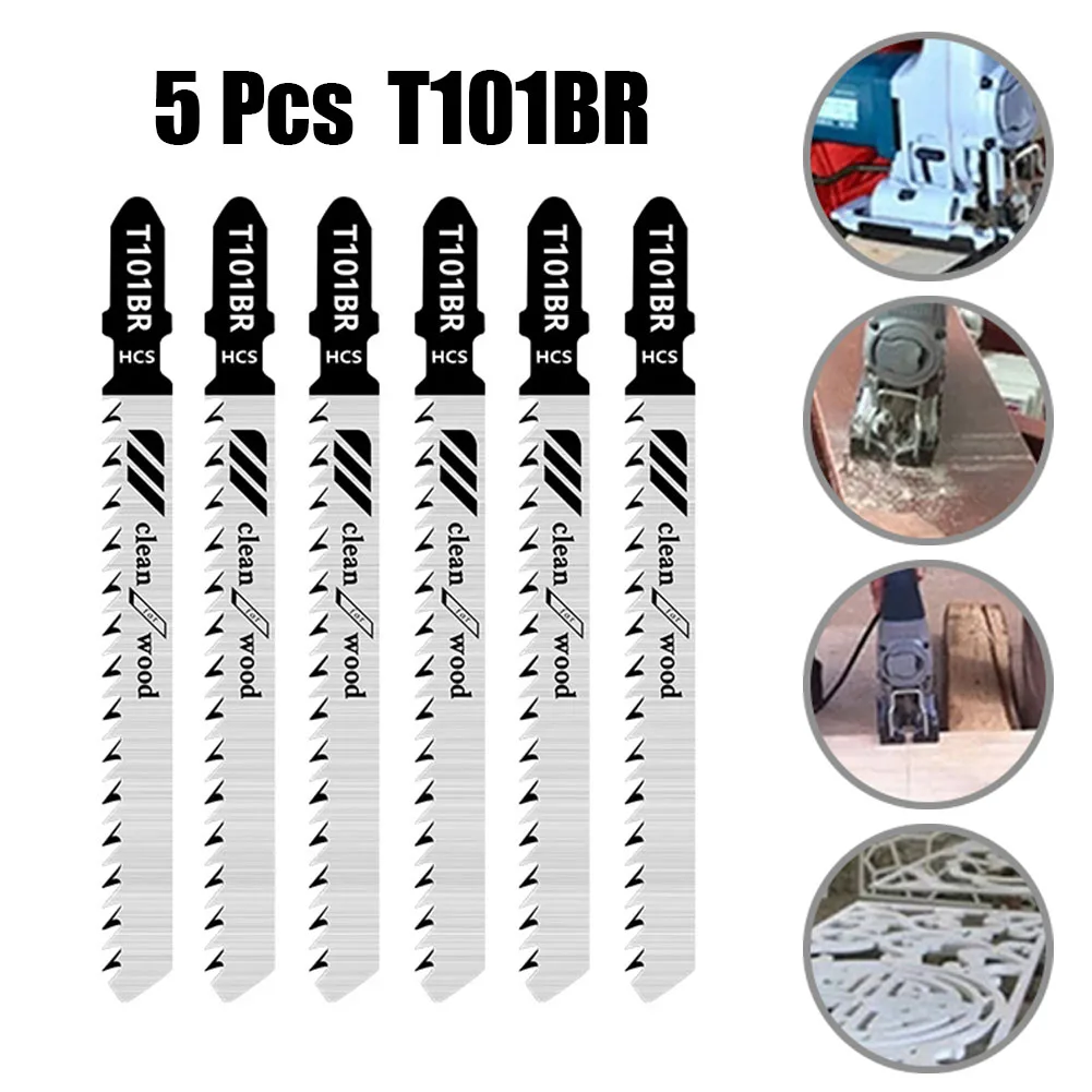 5PCS T101BR Jigsaw Blades 100mm Woodworking Tools Accessories Down Cutting Fits Power Tool For Plywood Parts Plasic Cutting HCS