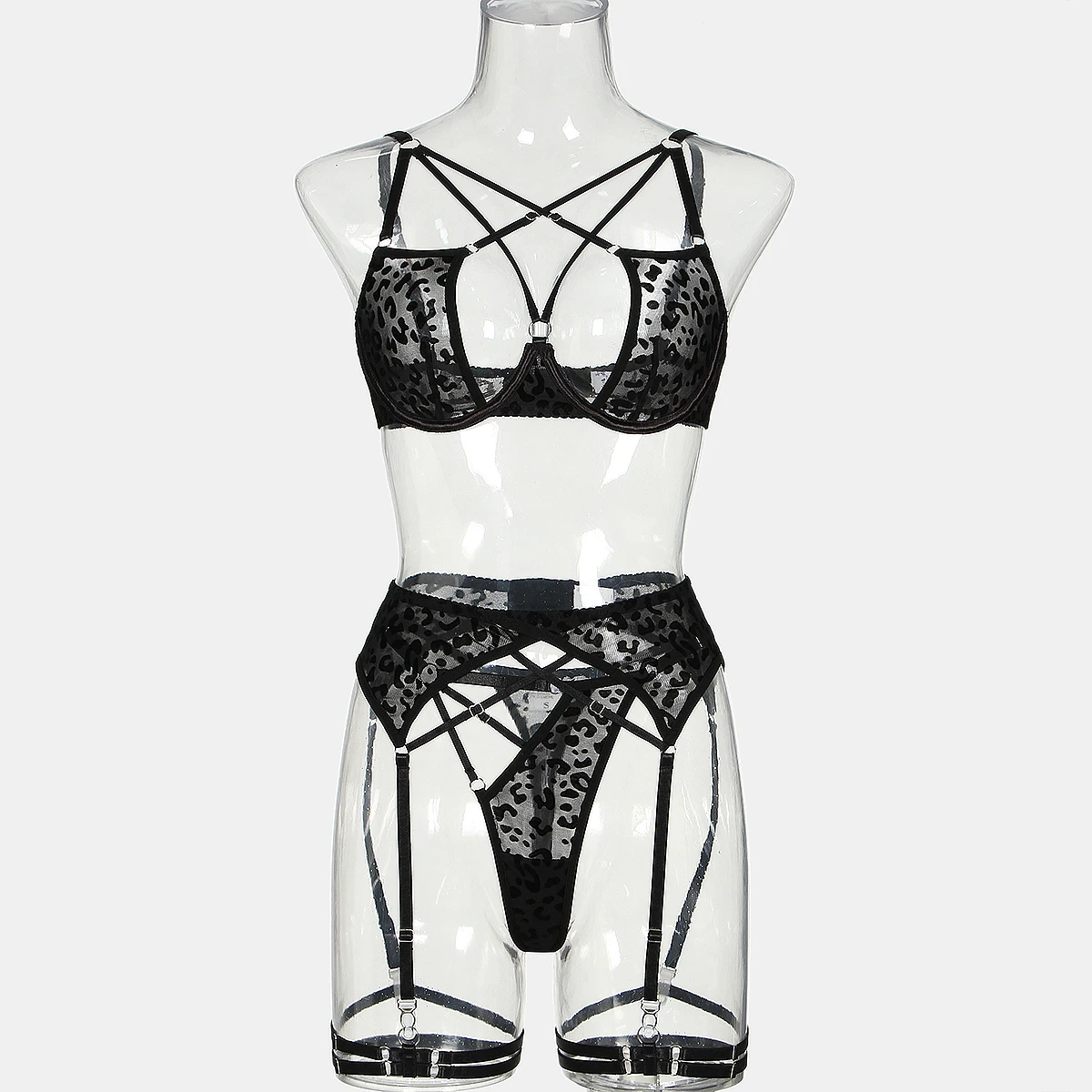 MUZISKAT 2023 New Bra Leopard Print Mesh Sexy Cross Webbing Hollow Erotic Lingerie Four And Five Sets Of Female