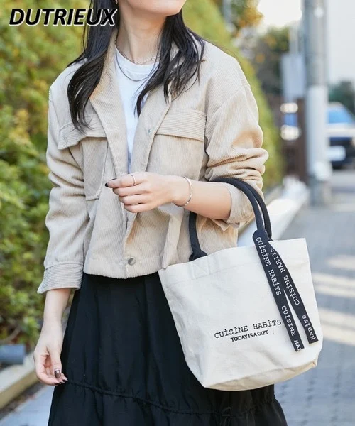 2024 New Spring Summer Japanese Style Casual Handbag Embroidered Letter Ribbon Canvas Bags Fshion Tote Handbags for Women