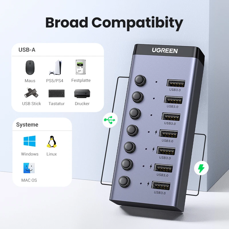 UGREEN USB C Hub 5Gbps 7 Ports USB3.0 Splitter with Individual OFF/ON Switch LED Indicator  for PC Laptop MacBook Pro/Air 6