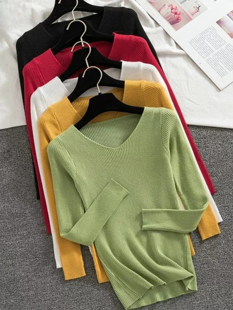 

Artsu V Neck Slim Sweater Ribbed Knitted Top Women Fashion Spring Autumn Undershirt Office Lady Casual Solid Long Sleeve T Shirt