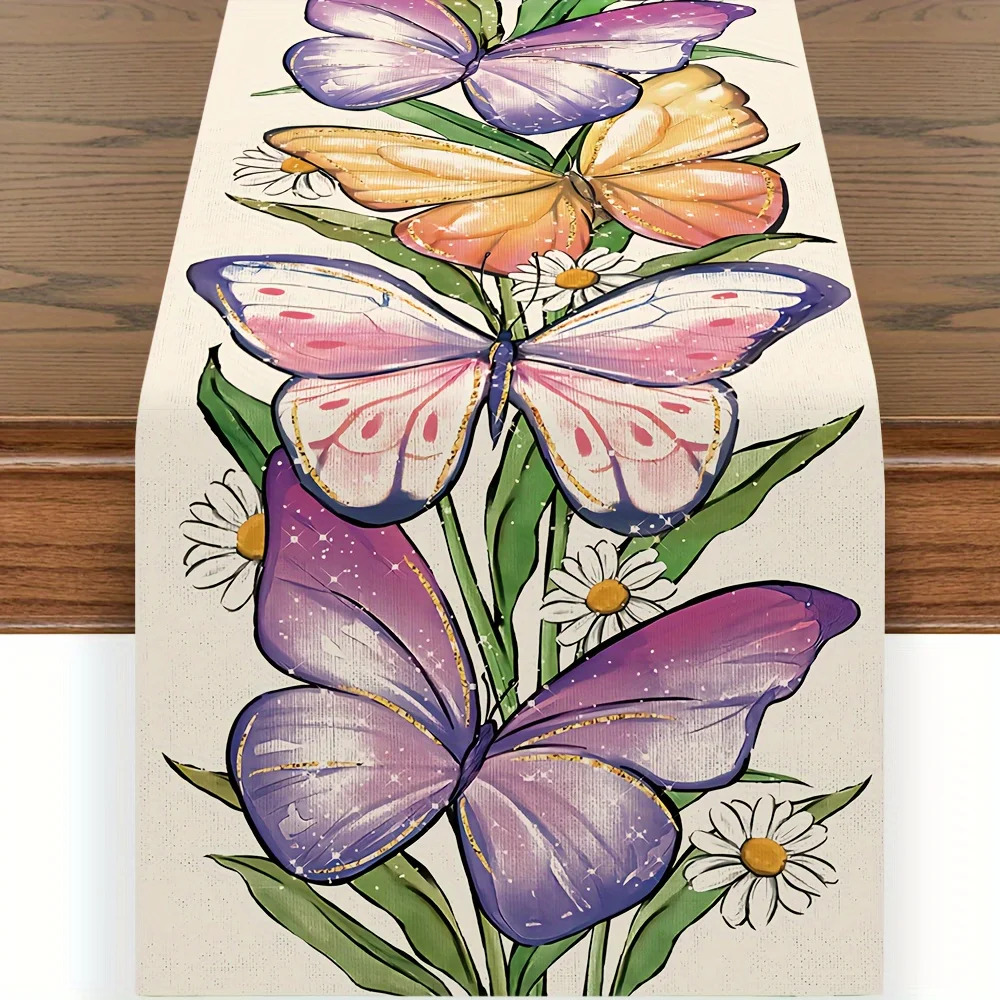 

Butterfly Floral Pattern Linen Table Runner Spring Summer Theme Seasonal Kitchen Dining Table Decor Wedding Birthday Party Decor