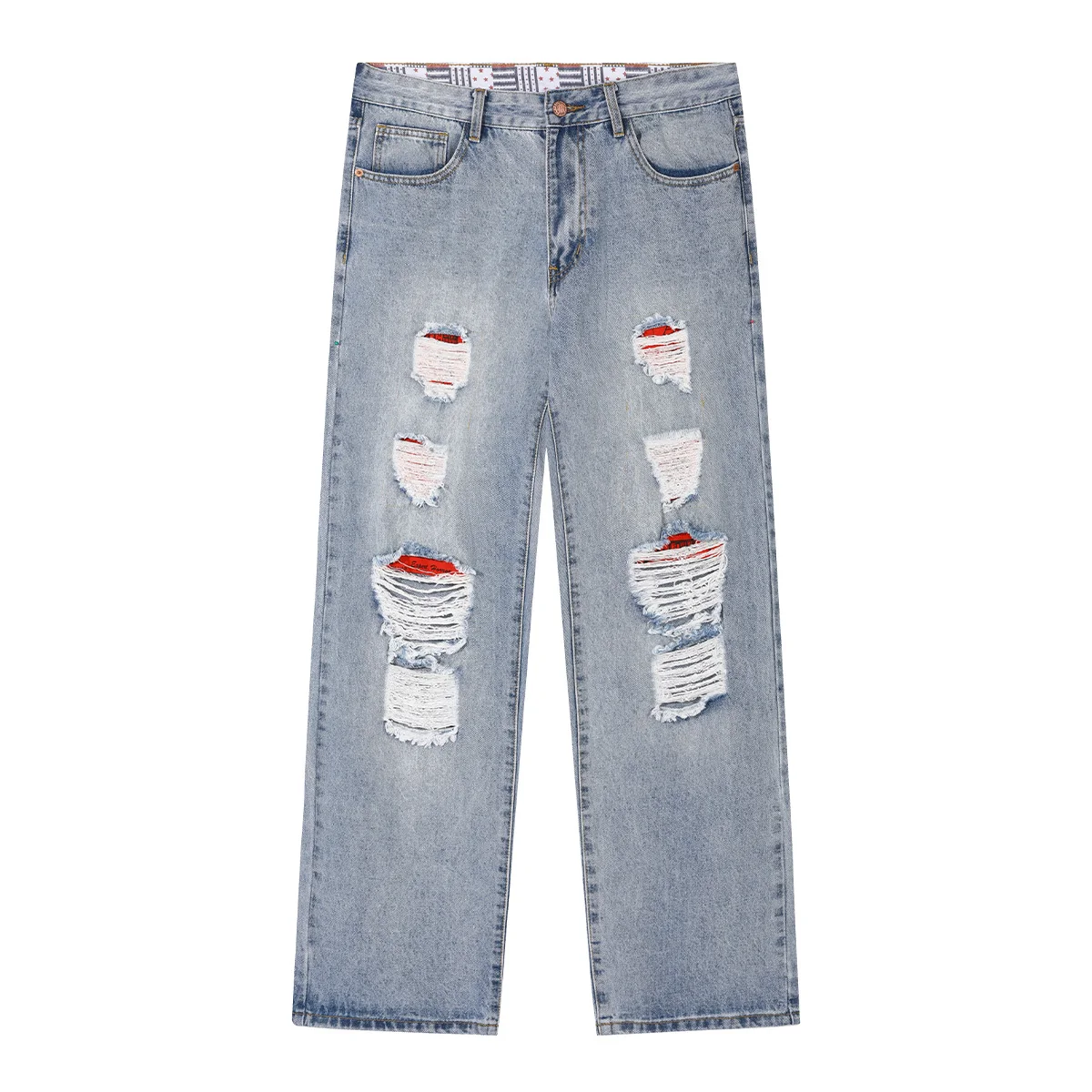 y2k Men's Baggy Jeans Street Denim 5 Pockets Light Blue Striped Wash Straight Ripped Jeans Personalized Red Bottom