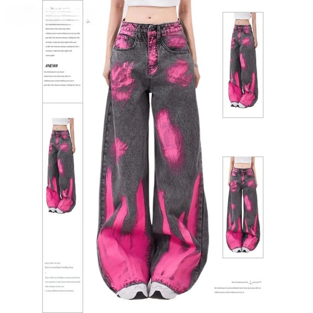 Streetwear Jeans Larghi Donna Graffiti Creativi Casual Versatili Pantaloni A Gamba Larga Y2K Jeans Donna Pantaloni In Denim Hip Hop A Vita Alta