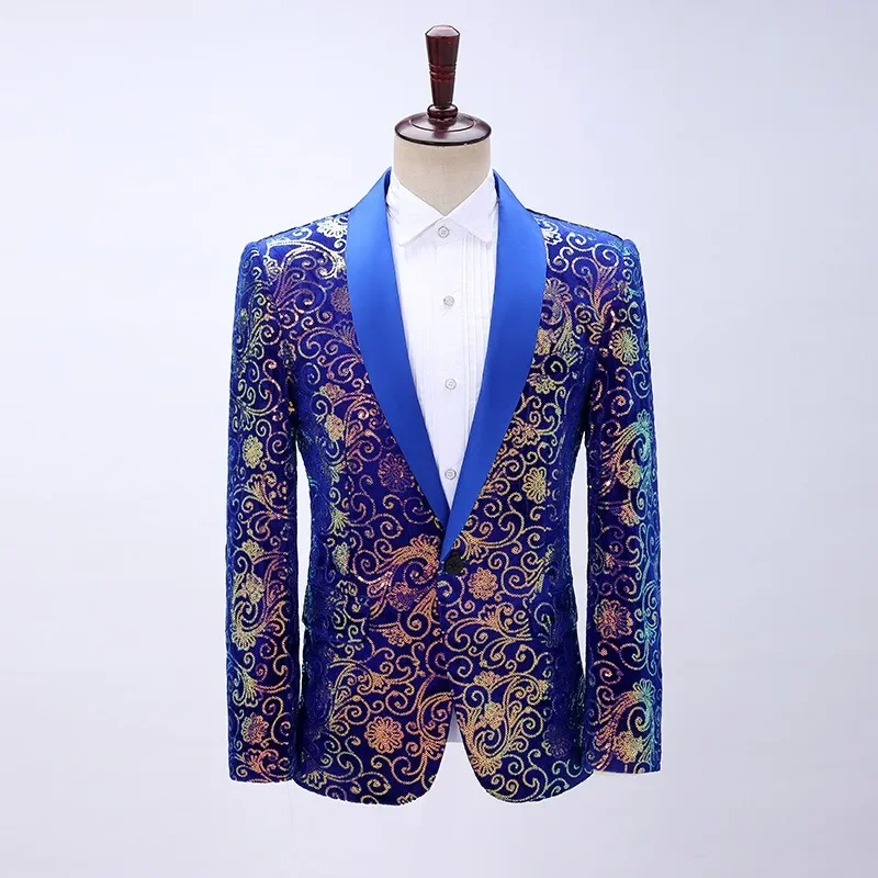 

Men's Flat Velvet Cloud Patterned Sequin Matching Suit Host Singer Dress Navy Blue Green Stage Performance Blazers Men Clothing