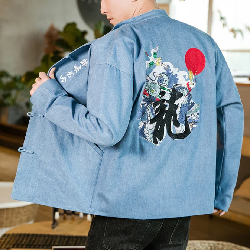 

2022 Chinese Style Men's Denim Jacket Crane Dragon Embroidery Tang Suit Men's Coat Retro Clothing Casual Plus Size Fashion Top