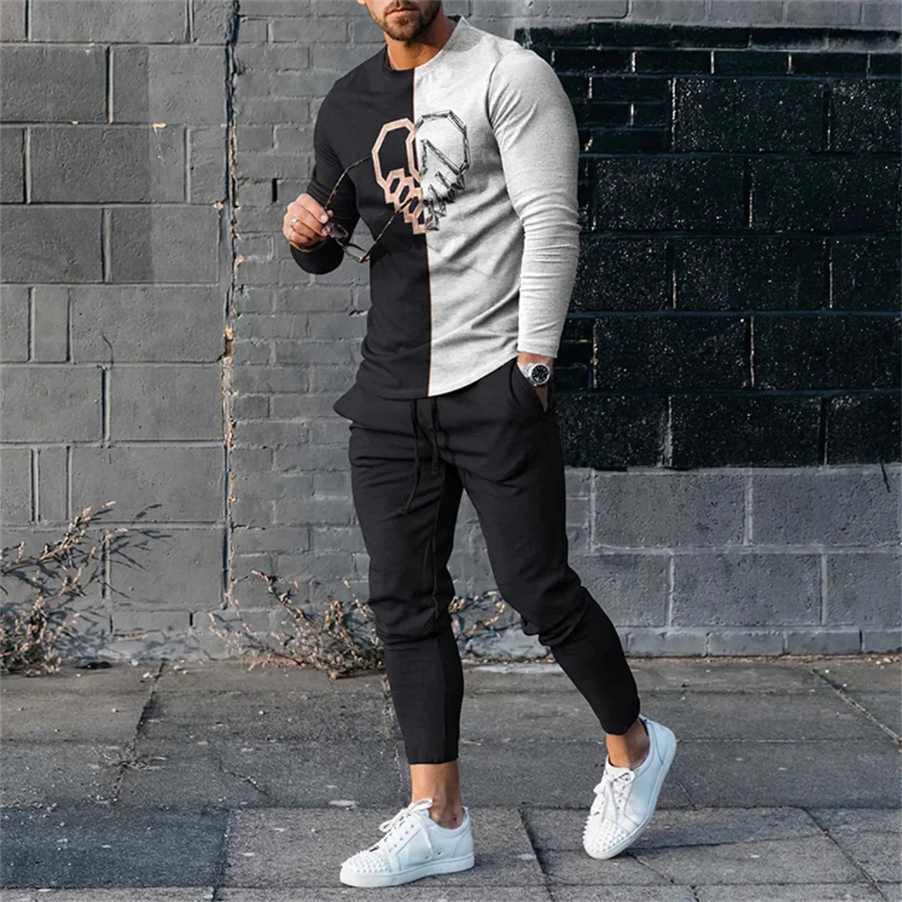 Autumn Vintage Ethnic Style 3D Print Men's Sportswear Set Long-Sleeved T Shirt Pants 2-Piece Set Oversized Pullover Men Clothing 2