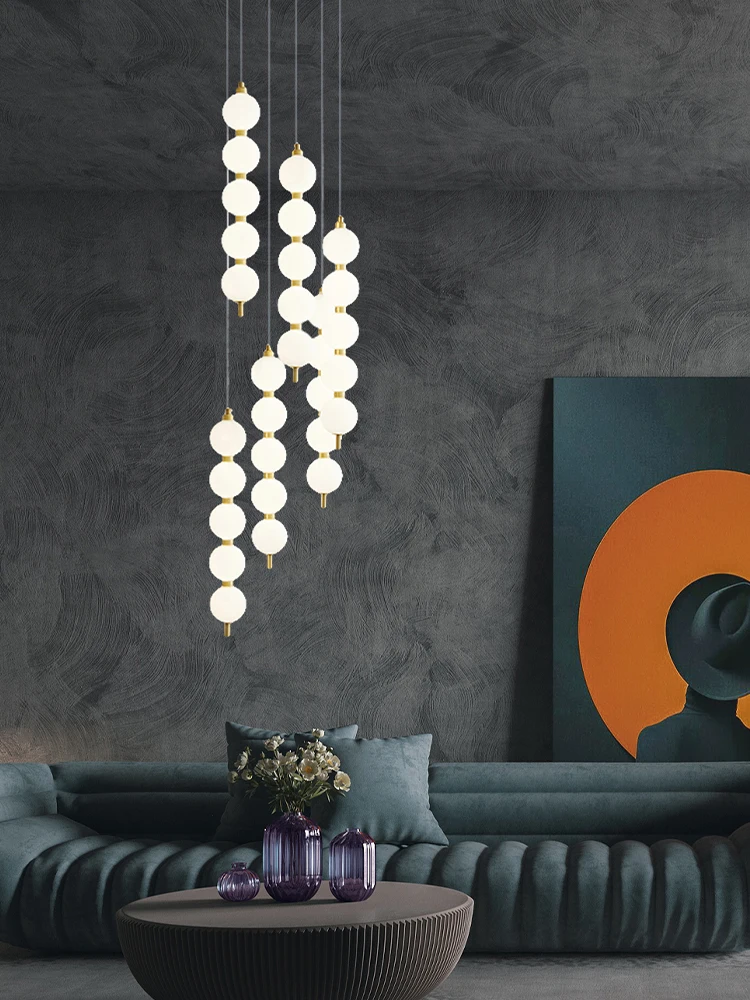 Post-modern Art Designer Creative White Beads Necklace Chandelier Hotel Lobby Restaurant Pendent Ceiling Lamp Brass