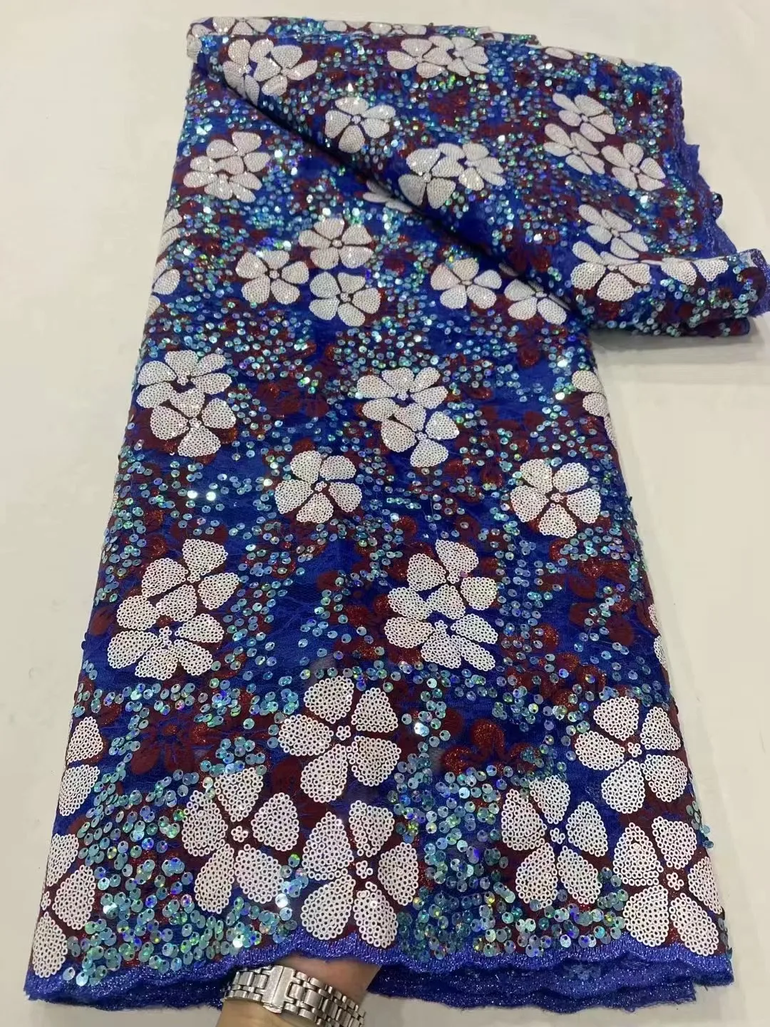 

Hot Sale 5Y 2023 Sequins Fabric High Quality French Unique royal blue Color Embroidery Tulle Net Lace with Beaded Party Dress