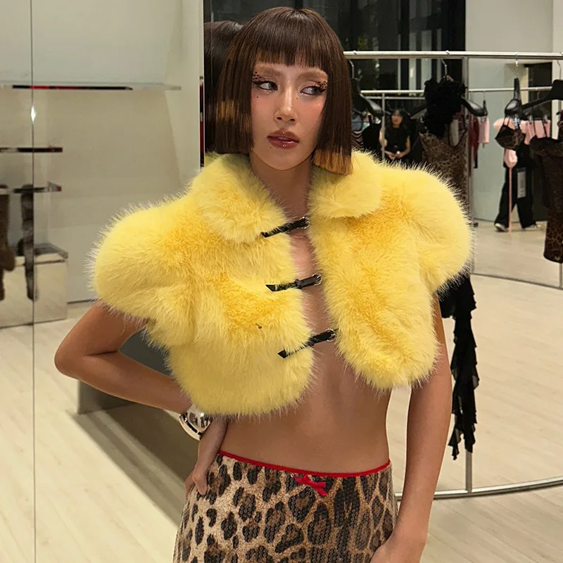 Description Picture 3 of itemFluffy Faux Fur Women Jackets Crop Top Turn Down Collar Short Sleeves Belt Buckles Cardigans Coat Fashion Warm Vest Outerwear
