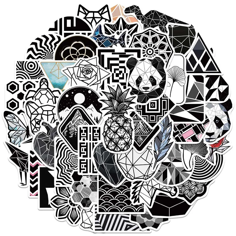 

52pcs Vinyl Laptop Decals Black White Cartoon Geometric Aesthetic Stickers For Luggage Water Bottle Phone Waterproof Graffiti