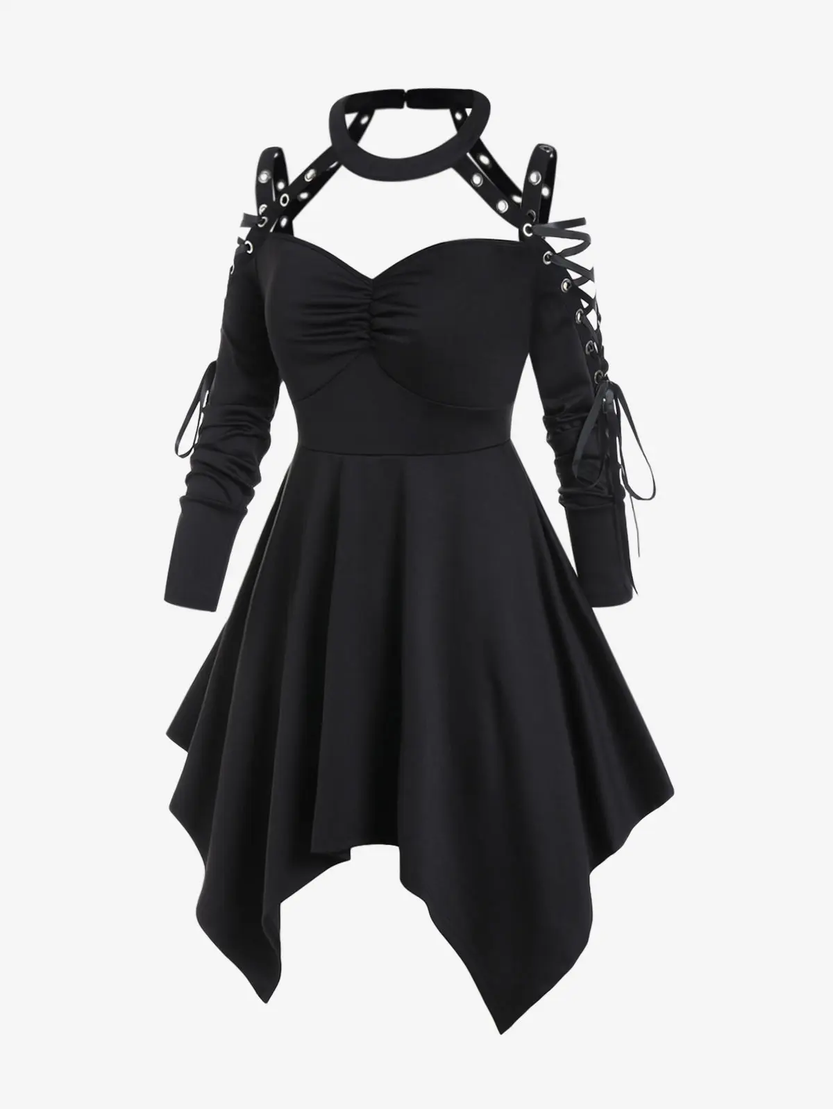 

ROSEGAL Plus Size Gothic Asymmetrical Women's Clothing Long Tops Choker Lace Up Cutout Dress Black Dresses Tees Dual Use