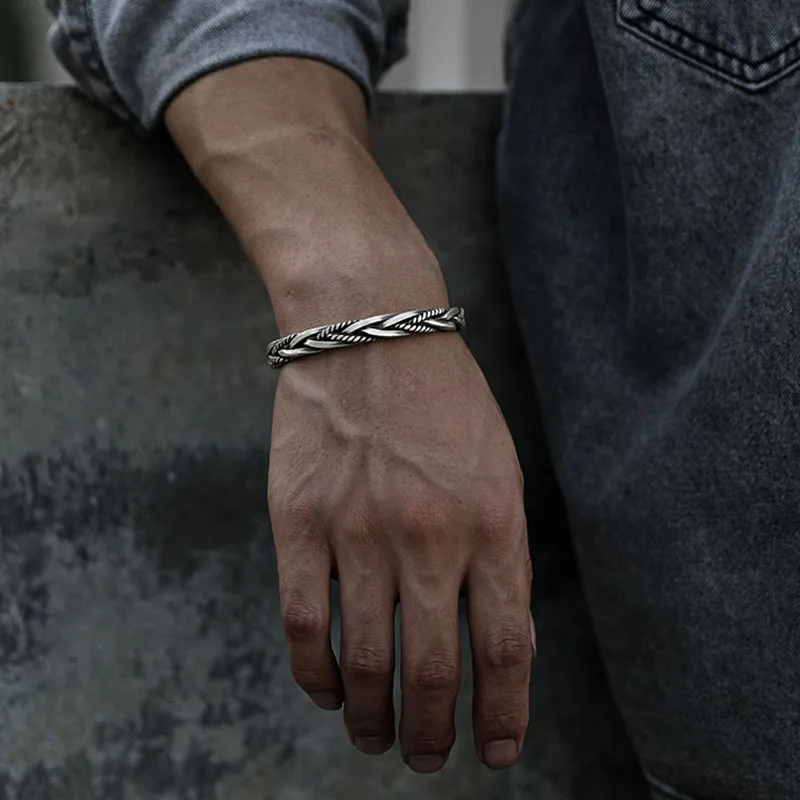 Silver Bracelet 925 Sterling Silver Twisted Woven Bracelet Bangle Cuff Man Women Retro Thai Original Handmade Exquisite Unique Opening Gift