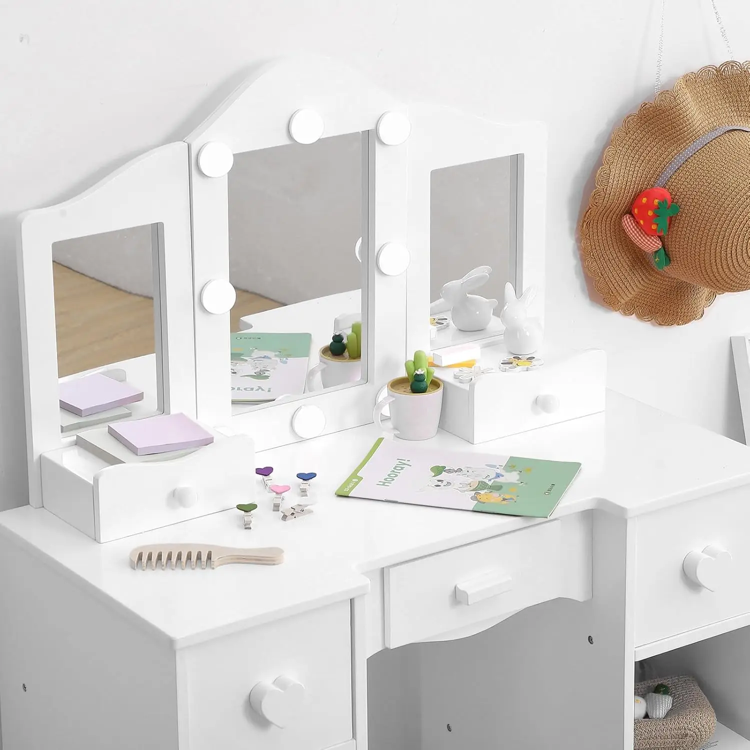 Schminktisch für Kinder, Mädchen-Waschtisch mit dreifach klappbarem Spiegel, offene Aufbewahrungsregale, Make-up-Spielset mit Stuhl für Kleinkinder und Kinder – Detail 5