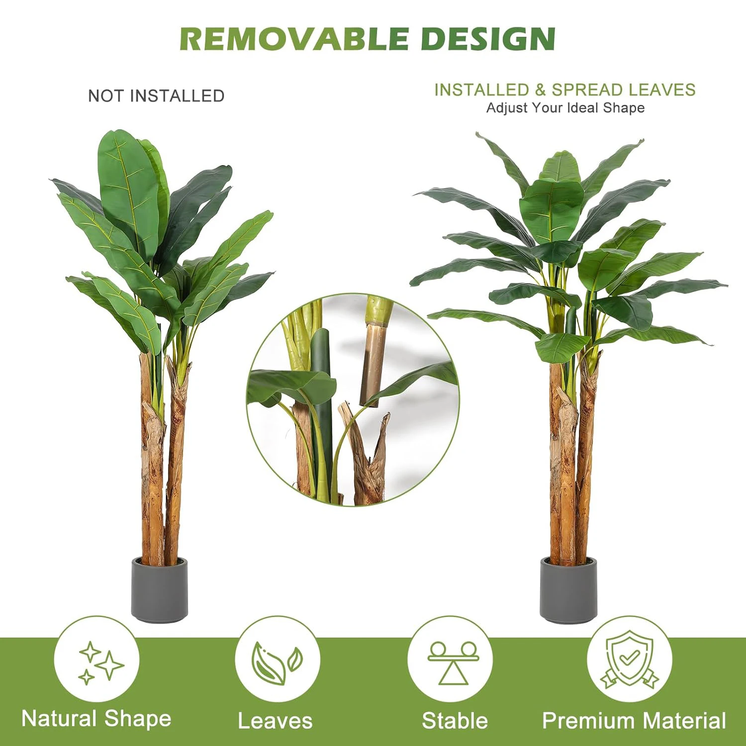 Künstlicher Bananenbaum 150cm Künstliche Bananenblätter mit Grauem Übertopf Künstliche Pflanze für Innen- und Außendekoration – Detail 5