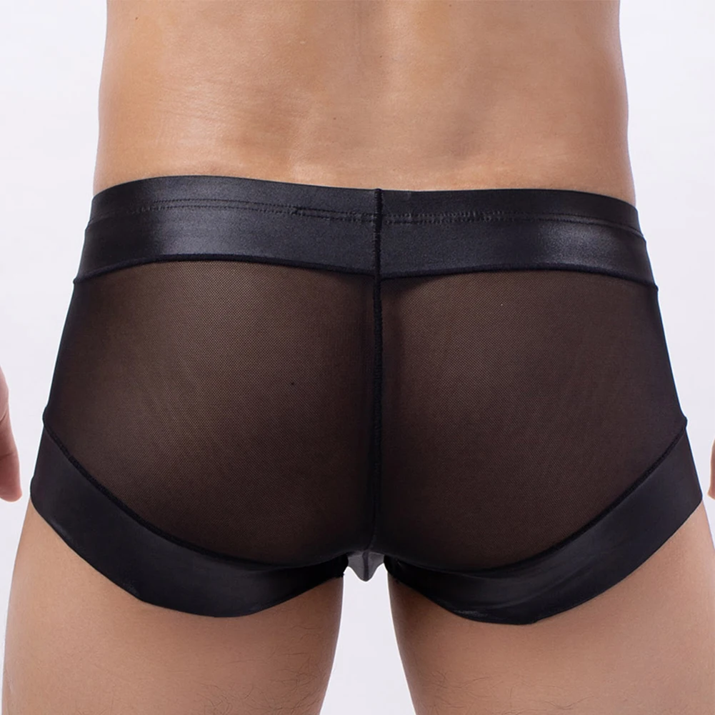 

Men Trunks Sexy Mesh Splice Leather See-Through Boxer Shorts U Convex Pouch Briefs Passion Underwear Knickers Slip Homme