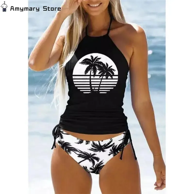Women's Bathing Suit Coconut Drawstring Side Halter Neck Tankini Set Summer Beach Wear Cute Swimwear Women Swimsuit Sexy Bikini
