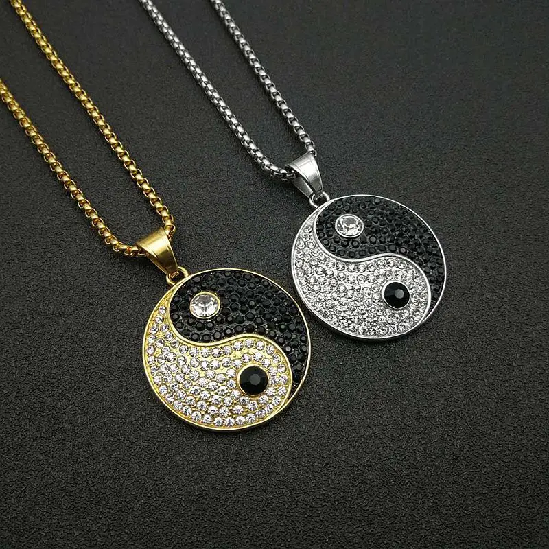 

Hip Hop Iced Out Bling Yin Yang Tai Chi Pendant Male Gold Color Stainless Steel Rapper Round Necklace For Men Jewelry Gift