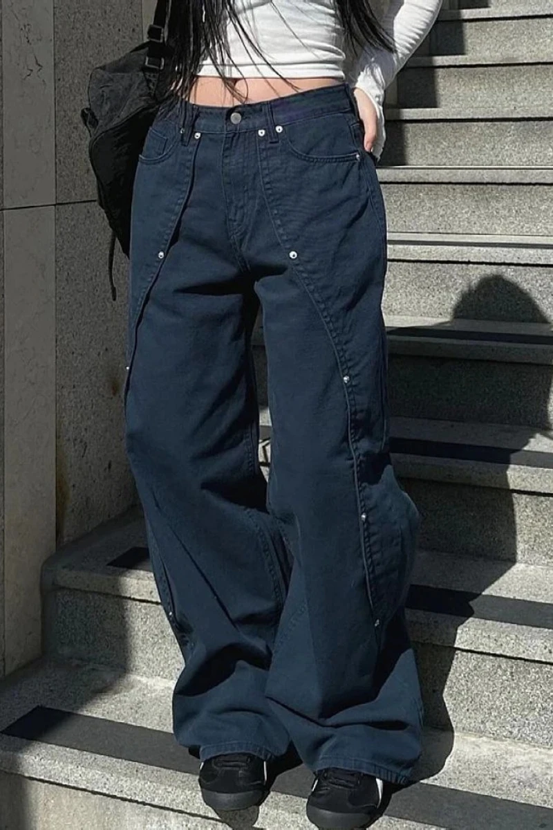 552322-90df4a.jpg Jeans for Woman Y2k Clothes Relaxed Loose Fit Wide Leg Trousers Vintage American Retro Style with Rivet Patchwork Split Design - Image 1