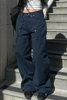 Jeans for Woman Y2k Clothes Relaxed Loose Fit Wide Leg Trousers Vintage American Retro Style with Rivet Patchwork Split Design